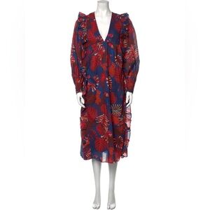 FARM RIO Animals Tapestry Red & Blue Long Sleeve Ruffle Midi Dress